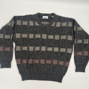 Vintage Damon 100% Wool Sweater XL Gray Geometric‎ Pattern Made in Hong Kong